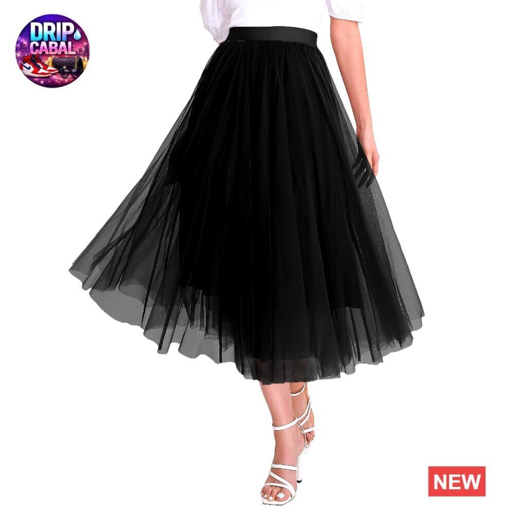 Elegant Tulle Midi Skirt High Waist Pleated A-Line Party Flowy Tutu